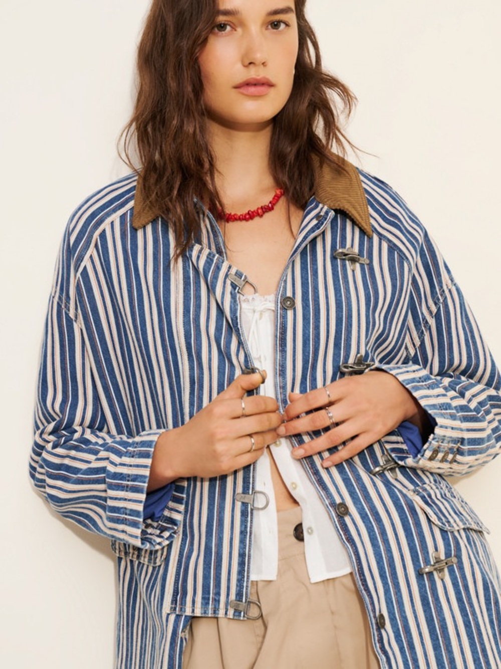 Free People Striped Denim Barn Coat
